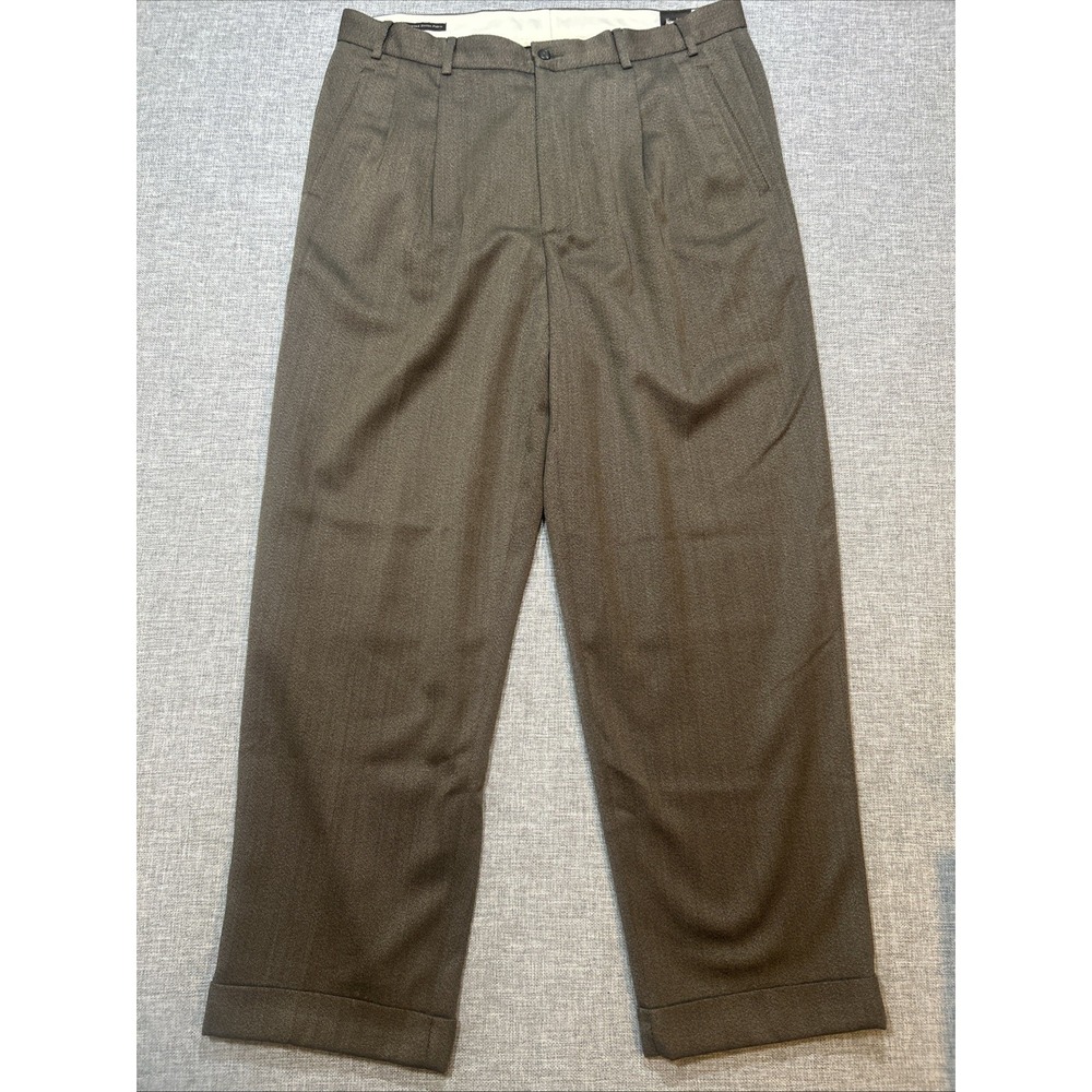 Vintage Neiman Marcus Pleated Pants 38x30 Brown Cuffed Trousers Wool Blend Italy